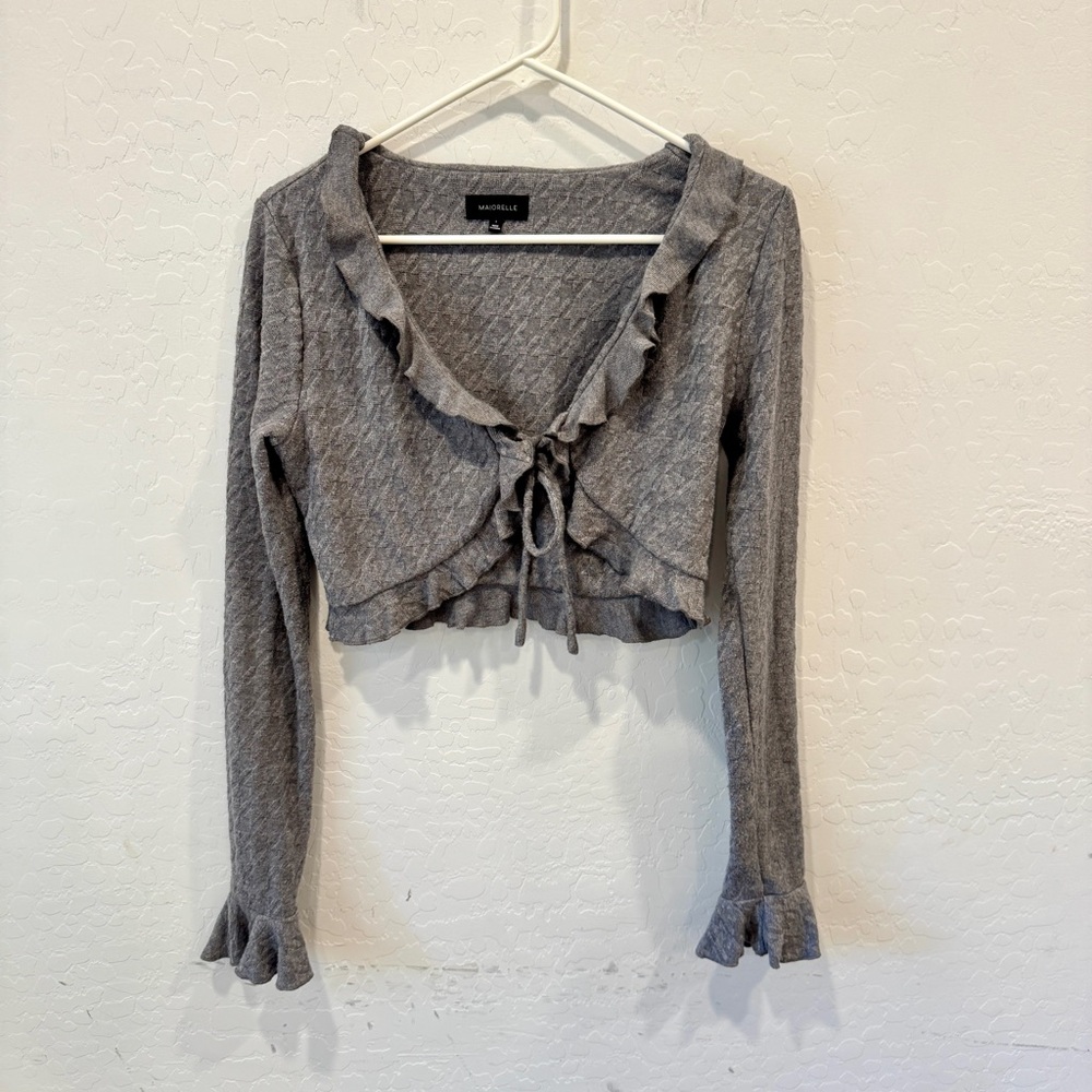MAJORELLE Elena Top Cardigan Womens Small Ruffles Knit Cropped Coquette Gray